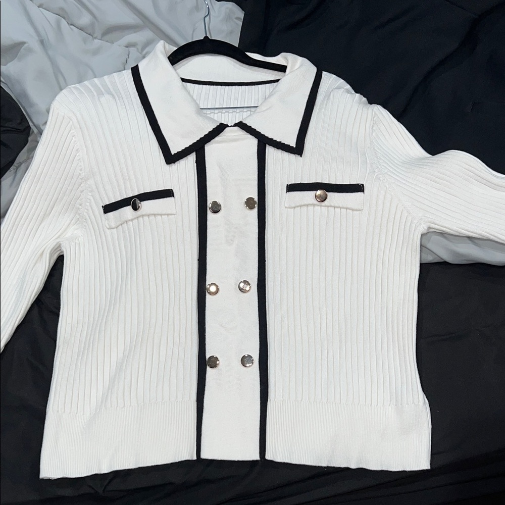 White Ribbed Sweater with Black Trim
